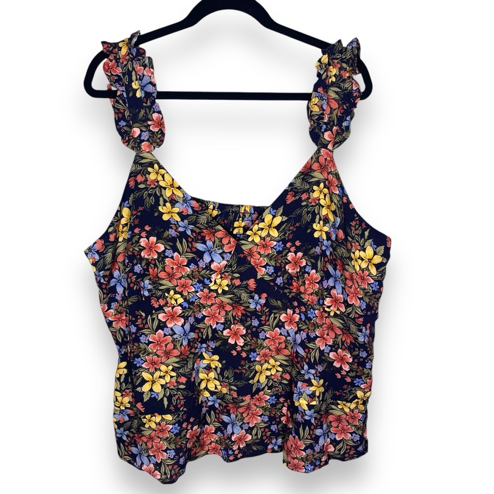 Stitch Fix Hiatus Navy Blue Floral Ruffle Strap Tank Top Plus Size 3X